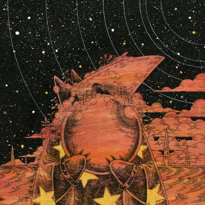 Fine line ink illustration on red tinted wood panel of a character wearing a plague mask and holding a large orb, blocking most of its face. A snail crawls on its mask and moss grows on its body. Background consists of dark starry night sky with concentric circles and flat desert landscape.