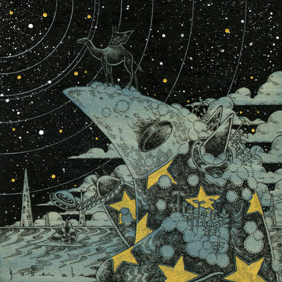 Fine line ink illustration on blue tinted wood panel with gold color accents of a small creature wearing a plague mask. It holds a chained necklace and has a small camel walking on its mask. Greenery grows from its shoulders and back. A starry night sky with concentric circles makes up the background, with a small amount of desert floor.