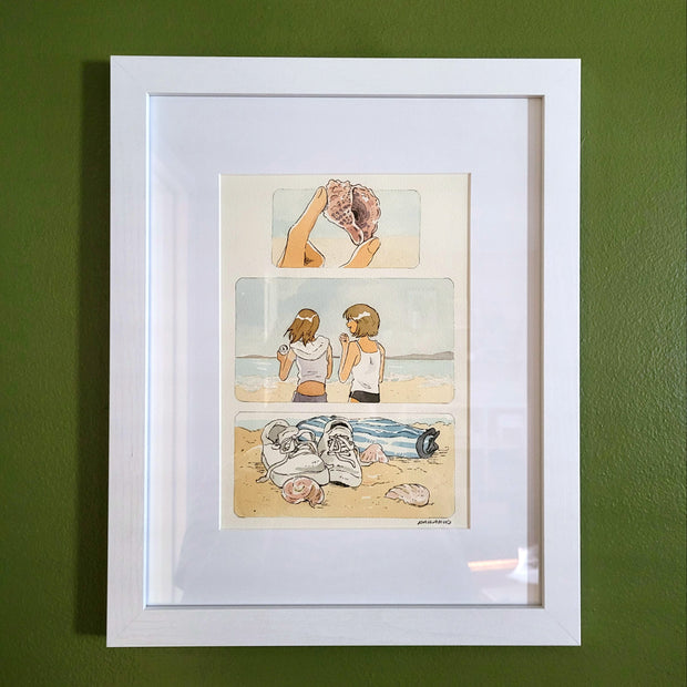 3 panel watercolor illustration of a beach scene. 1st panel a hand holds a small shell. 2nd panel are two girls holding a shell and a can, smiling at one another. 3rd panel is of shoes on the sand, with more shells nearby. Piece is matted into a white frame.