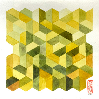 Geometric watercolor painting of yellow and olive green polygons, stacked and placed alongside one another.