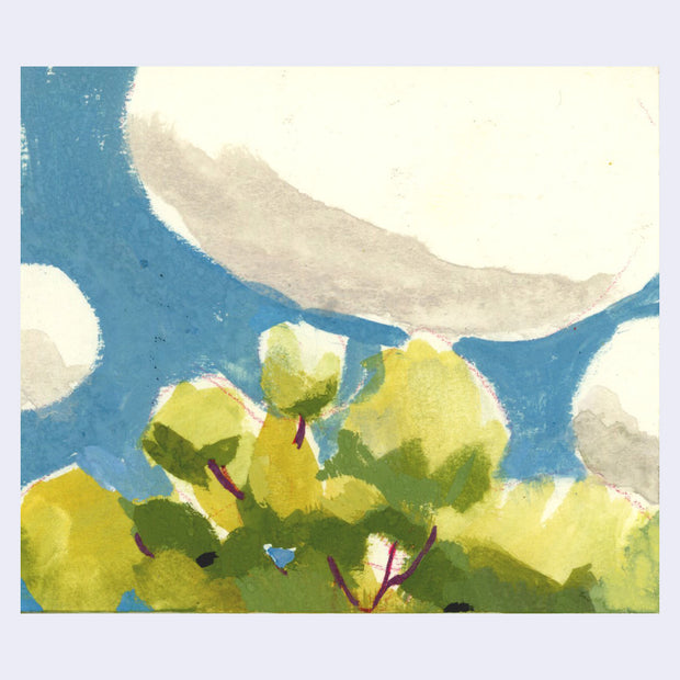 Plein air painting of very large round clouds in a blue sky over rounded green trees.