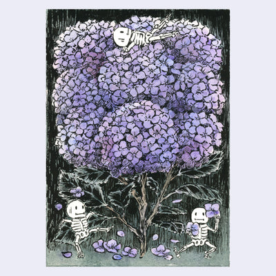 Ink and watercolor illustration of a bunch of purple hydrangeas, with 3 small cartoon skeletons decorating the scene.