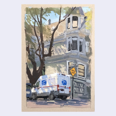 Plein air painting of a Victorian style house, off white with white trim. A USPS van is parked at the corner of the street.