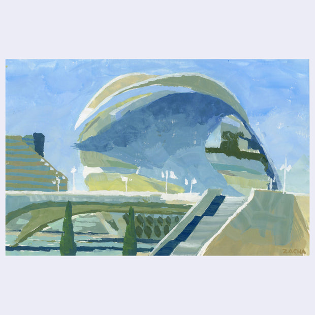 Plein air painting of a large building or sculptural piece, framed by a bridge and a set of stairs in the foreground. Background is a blue sky.