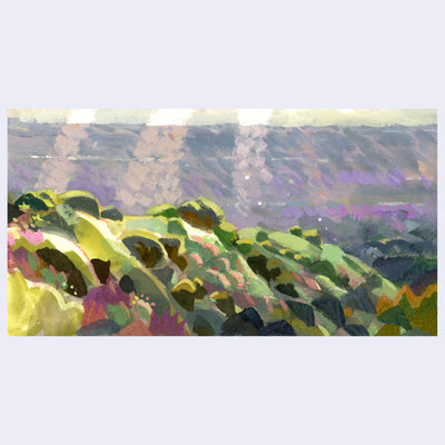 Plein air painting of a multicolor hillside, mostly green but with yellows, pinks, oranges and purples. Sun rays shine down over the background, which is light blue and purple.