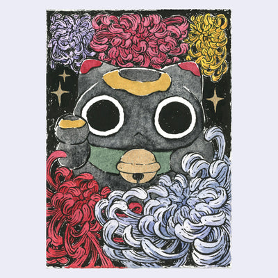 Ink and watercolor illustration of a large black maneki with a large gold bell around its neck. Cat is surrounded by mums.