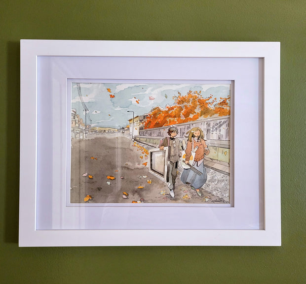 Ink and watercolor illustration of 2 people walking down an open alleyway during fall, with orange trees shedding leaves in the wind. One holds a large canvas and listens and the other talks and has a tote bag with rolls of canvas. Piece is matted and framed.