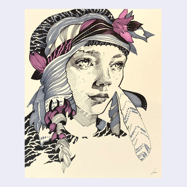 Ink drawing on cream colored paper of a woman wearing a head scarf, striped with black and purple. She has a large feather coming out from under her head scarf.