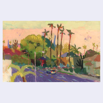 Plein air painting of a street and sunset, with an orange and pink sky. Many trees and tall palm trees line a street with one car on it and houses on the right side.