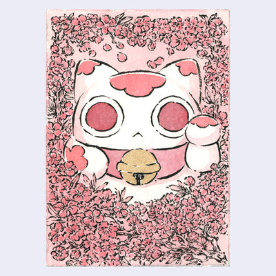 Ink and watercolor illustration of a pink round Maneki, with a large gold bell around its neck. All around are cherry blossoms.