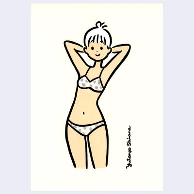 Simplistic drawing of a cartoon girl with stark black outlines. She wears a polka dot bikini and has her hands behind her head.