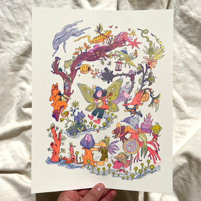 Risograph print of a boy with butterfly wings playing a banjo. All around him are various mythological forest characters and cute creatures.