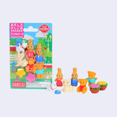 Set of 8 erasers, designed to look like cute teddy bears and bunnies, in addition to 2 potted plants.