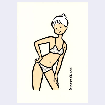 Simplistic drawing of a cartoon girl with stark black outlines. She wears a polka dot bikini and leans over, cutely.
