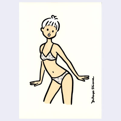 Note: This piece is currently in transit to the gallery. She wears a polka dot bikini and poses cutely.