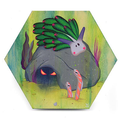 Painting on a hexagonal canvas of a rock with red glowing eyes under it and a colorful sea slug on top.