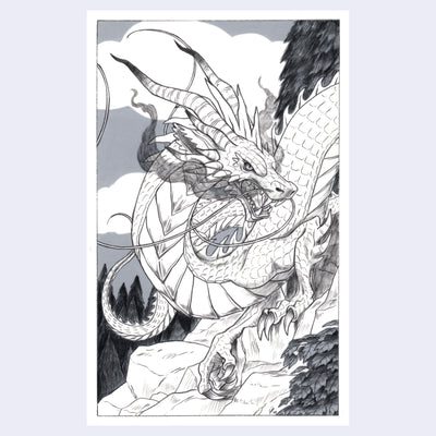 Greyscale illustration of a dragon with long horns, sharp claws and smoke coming out of its mouth. It stands on the side of rocks, as if caught mid action.