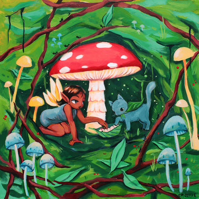 Brightly colored painting of a lush forest setting. In the center is a red mushroom, a tan fairy and a blue cat. The fairy leans in on her knees to a small caterpillar wrapped mostly in a leaf. Mushrooms, branches and leaves frame the scene.