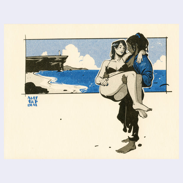 Blue and black colored illustration on cream paper of a girl holding a bikini clad girl in her arms. Background is a beach scene with a lighthouse in the background.