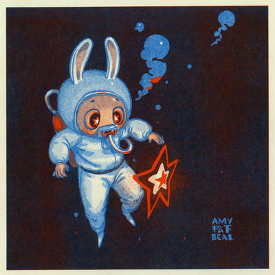 Illustration in blue and red of a cartoon bunny scuba diving in deep, dark waters with a single sea star illuminating the area.