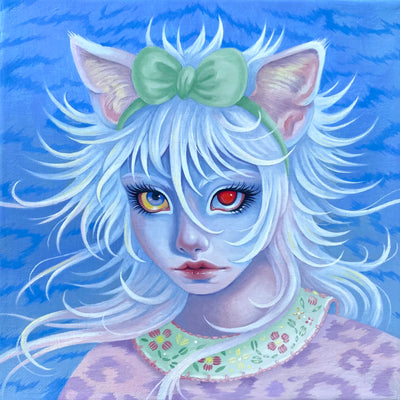 Painting done mainly in blue and purple with subtle mint green accent coloring of the portrait of a girl with wild white hair and a headband with cat ears atop her head. She wears a collared pink leopard print shirt.