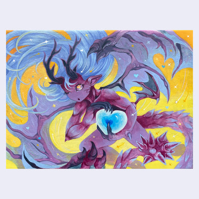 Painting of a purple dragon girl, with muscular arms and large dragon wings. She has flowing periwinkle hair and holds an icy heart in her hands. Background is yellow, rest of painting is burgundy, purple or blue.