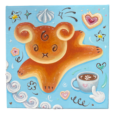 Painting of a bread sculpture of a cute cartoon style dog, with swirled ears and simple body shapes. It has a chocolate syrup face and claws. Background in light blue with swirled frosting and icing and a latte.