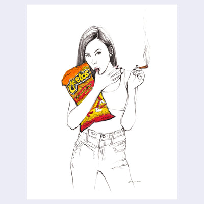 Drawing on white paper of a girl standing and holding a bag of Flaming Hot Cheetos in her arms. She sucks on a cheeto dust covered thumb and holds a joint in the other hand.