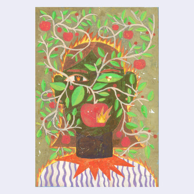 Collage style painting of a stylized person, visible from the shoulders up. A burning apple covers their mouth, attached to long wavy branches with leaves and smaller apples attached, obscuring parts of the person's face.
