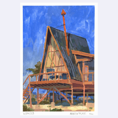 Plein air painting of an A frame house, raised slightly with a large tin chimney. A blue sky is behind.
