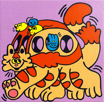 Painting of a stylized cat shaped like a bus, with 2 mice atop its back emitting light and a blue character peeping out a window. Background is a pinkish purple.
