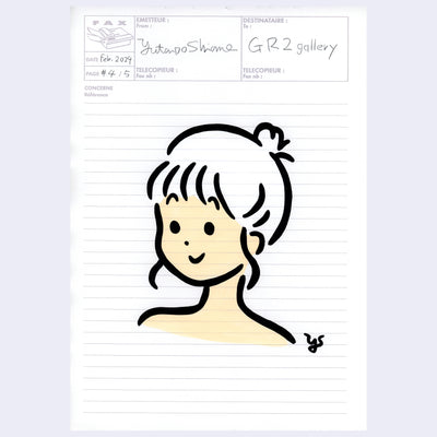 Painting of a cartoon girl's head with stark black outlines on memo paper.