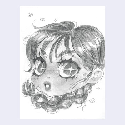 Graphite sketch of a girl with cute, sparkly large eyes and braids.