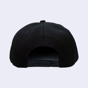 Back of black hat with snap closure for size adjustment.