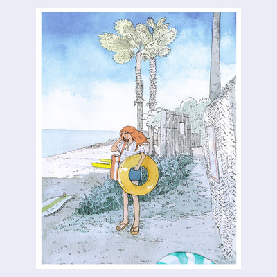 Illustration of a redheaded girl standing on a beach, holding a yellow inflatable tube.