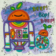 Illustration with many bright colors and cartoon style to it, of 2 robots like R2D2 and BB-8 from star wars, but with oranges as heads. Text reads "Beep! Bop! Beep!" in colorful font.