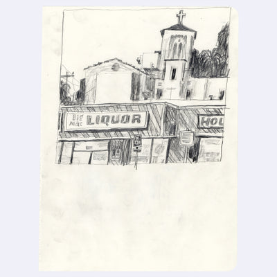 Stylistically messy graphite drawing of a liquor store in front of a church. Liquor store sign reads "Big Mac Liquor"