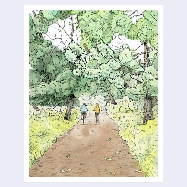 Illustration of a pair of people riding bikes down a dirt path under many pine trees and various greenery.