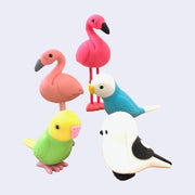 Small erasers designed like birds of different colors and species. 2 flamingos with different shades of pink, some parakeets and a little sparrow.