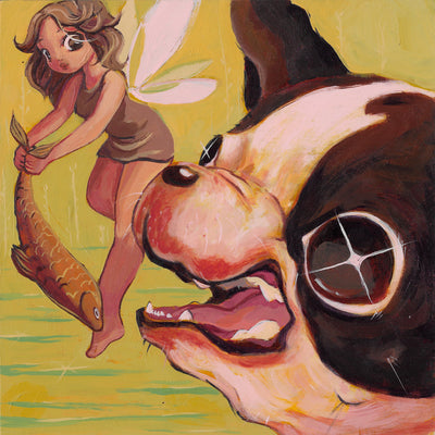 Painting of a boston terrier, with a glimmer in its eye making a face as though its about to bite. A fairy flies above it and dangles a fish over its mouth.