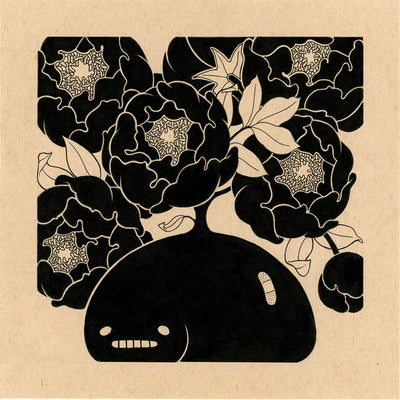 Black ink drawing on tan toned paper of a large black blob, with small eyes and a straight toothed mouth. Atop its back grows many blossoming flowers. 