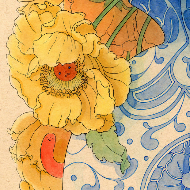 Illustration of a blue vase with ornate patterning and a central image of a large blob with a simplistic round headed character, sitting next to one another. Coming out the vase are many large yellow flowers. Close up.