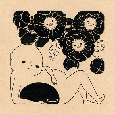 Black ink drawing on tan toned paper of a simplistic character with a rounded head and a sprout blooming atop it. Flowers with smiling faces bloom from the sprout. A small black blob sits next to the character.