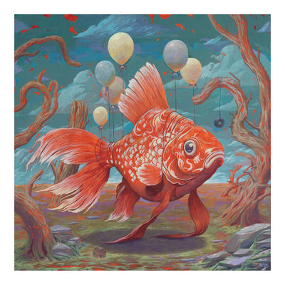 Art print of a large orange goldfish with cream colored accent coloring. Small balloons are tied to its body and tail.