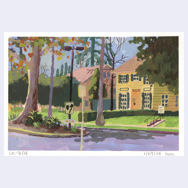 Plein air painting of a yellow house like building with green shutters and a large lawn. Across the street is a divider with a tree and several plants and a street sign.