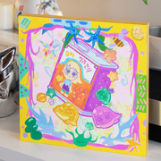 Colorful painting of a tin can of lemon drop candy, with a girl on the product packaging. Various shaped hard candy is nearby and the piece is framed by yellow abstract framing.