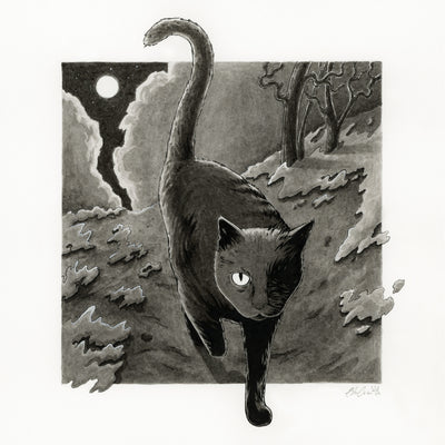 Greyscale illustration of a cat with one eye, walking straight towards the viewer and stepping out of the square setting behind it. Setting is of an open forest at night, with bare trees and large clouds.