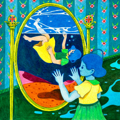 Color pencil illustration of a blue skinned girl looking in a large oval mirror. In the mirror is a girl falling into a body of water and reaching up for the surface.