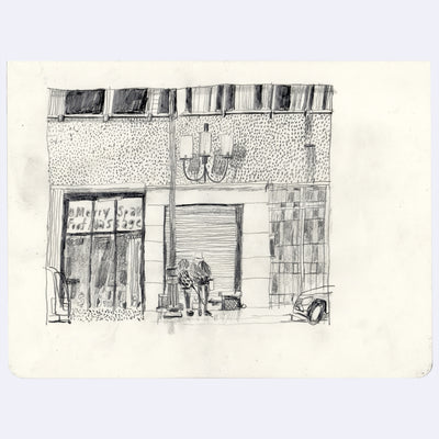 Stylistically messy graphite drawing of a building with a garage and 2 people standing in front of it, one leaning on a light post. The next door building advertises massages.