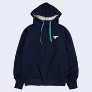 Navy blue hoodie with a small embroidered image of Cinnamoroll on the upper chest. Jacket has plush like lining and blue drawstrings.